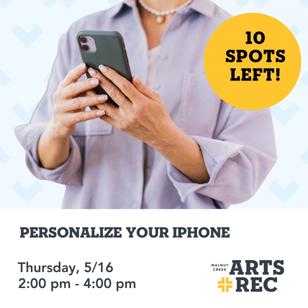 WCArtsRec's tweet image. Personalize Your iPhone
Thursday, 5/16
2:00 pm - 4:00 pm
Register Here: tinyurl.com/4uc2uecz
📞 To register via phone, please call 925-295-1490 and reference Course #58707. Email artsrec@walnut-creek.org with any questions.
#WalnutCreekCA #HowToClass #TechnologyClass