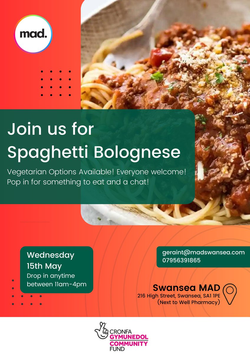 Join us for Spaghetti Bolognese (Vegetarian option available)Everyone welcome! Pop in for something to eat and a chat! @TNLComFundWales #Swansea #FoodSupport