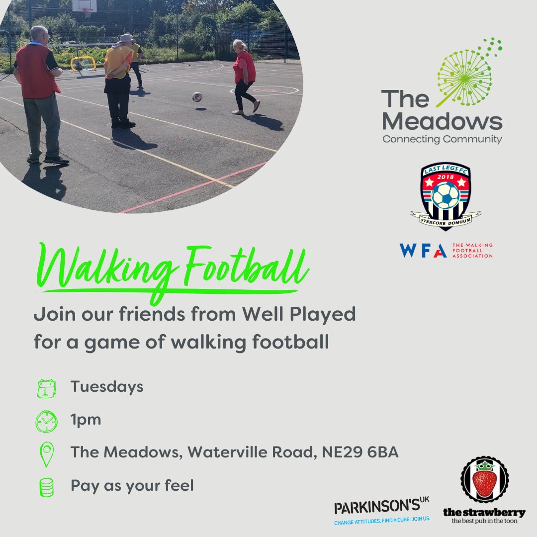 Walking Football with Last Legs FC runs every Tuesday 1pm!

⚽️

This is a Pay As You Feel session.

Activity is for everyone! 🤲

#WalkingFootball #FootballForAll
@LastLegsFC @theberrypub @ne_taxis @thewfauk @parkinsonsUK