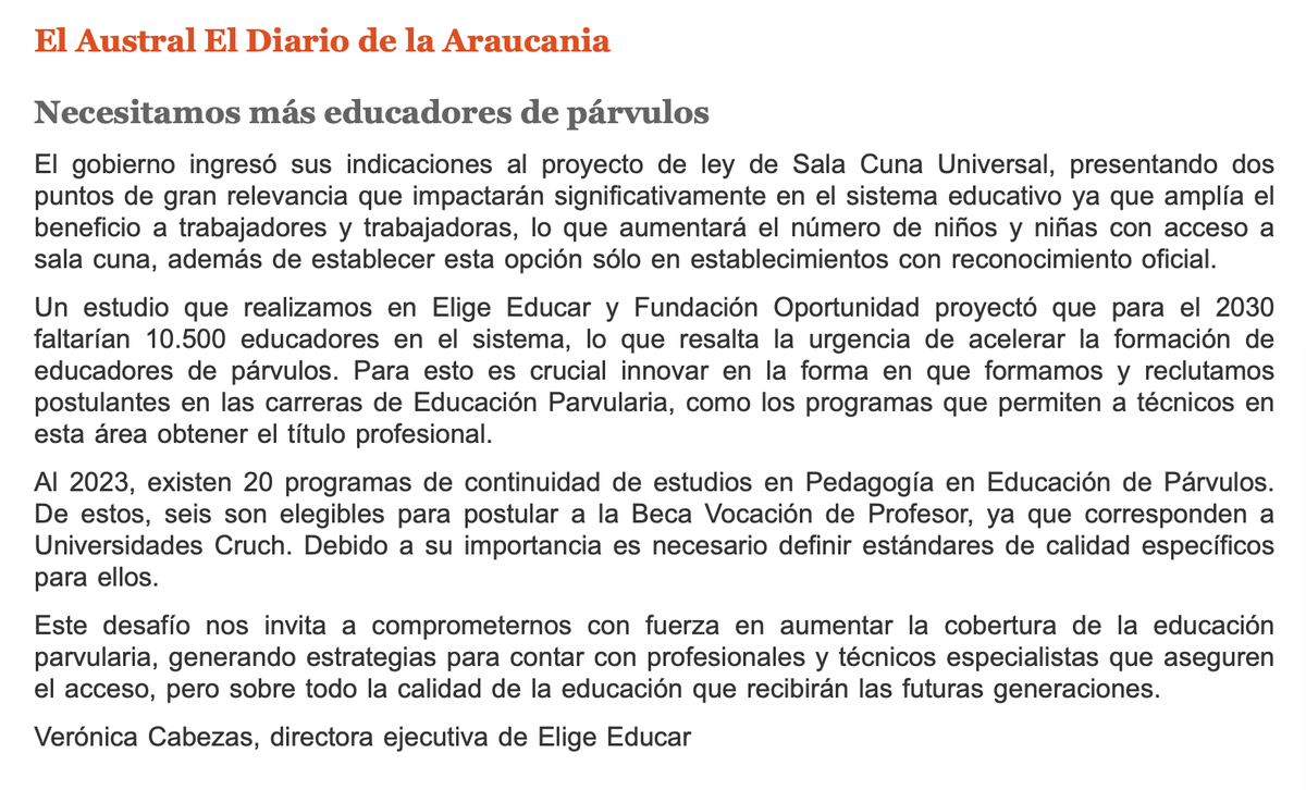 👀Para 2030 faltarían 10.500 educadores👀 ✍️Compartimos la carta que escribió nuestra Directora Ejecutiva, @veronicacabezas, sobre la necesidad de tener más educadores de párvulos.