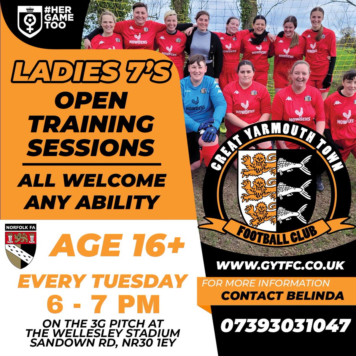Our Ladies 7's team is holding OPEN TRAINING SESSIONS! No matter what your experience or ability, we welcome all ladies aged 16+ to come and give football a try! Join us every Tuesday from 6-7pm on the 3G pitch at The Wellesley Stadium. For more info give Belinda a call.
