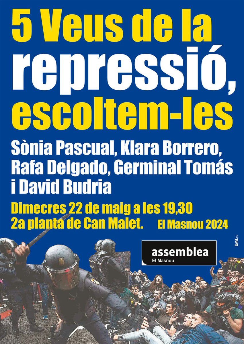 🔴 Dimecres 22 de maig, les encausades de l’#OperacióJudes serem al #Masnou, a l'acte que organitza l'@ancmasnou.  Si teniu una estona, apropeu-vos! Explicarem la situació actual del cas i com ens organitzem al marge de les institucions. #AbsolucióOperacióJudes #AmnistiaTotal