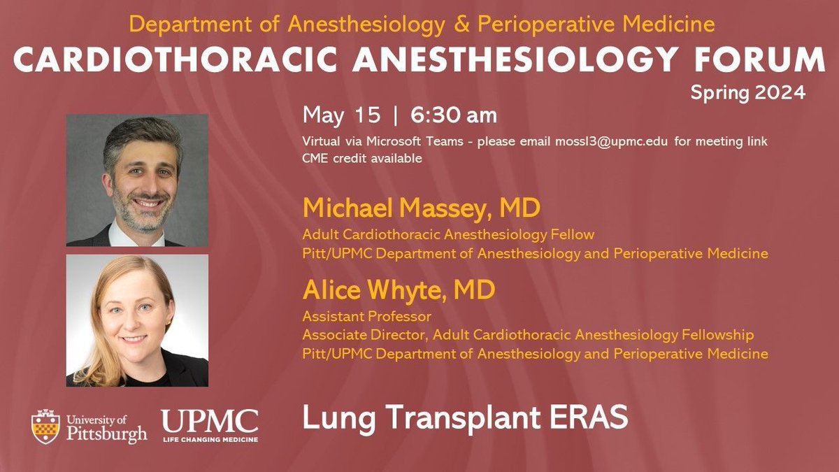 🫀 Cardiothoracic Anesthesiology Forum on May 15 at 6:30 am: Drs. Michael Massey and Alice Whyte will present 'Lung Transplant ERAS.' @PittCTAnes 📅 Event details: buff.ly/3HyK8jq