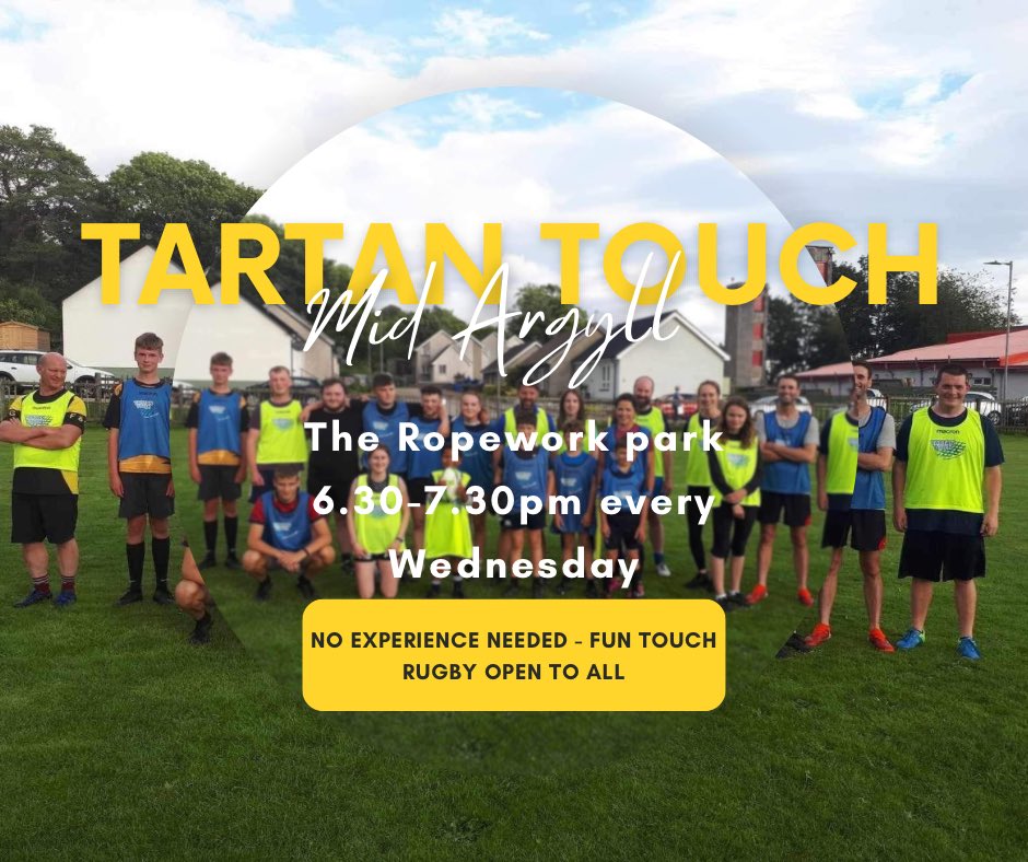 #TartanTouch starts back up this Wednesday 6.30-7.30pm at the Ropework park. 
Everyone is welcome, whether you’re experienced or a brand new player. Tartan touch is an inclusive fun way to enjoy rugby throughout the summer, bringing everyone together; any age or gender.
