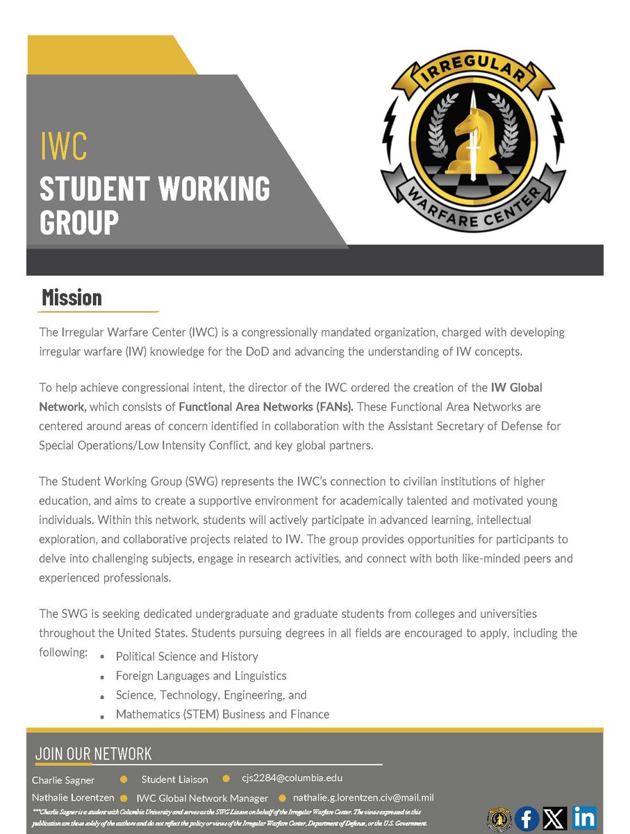 Check out @IrregularWarCtr's newest Functional Area Network (FAN), the IW Student Working Group. The group aims at creating a supportive environment for academically talented and motivated young individuals. 

#IWC #Irregularwarfarecenter #Irregularwarfare #IWCFAN #IWCSWG