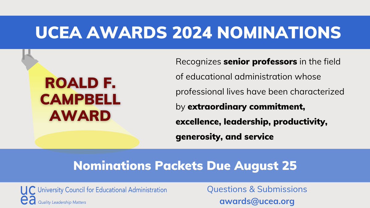 #UCEA24 Awards are open for nominations!
Got a senior colleague with a distinguished #UCEAwesome career in ed leadership? Recognize them with the  Campbell Lifetime Achievement Award! #LeadershipMatters @DrMoniByrne @UCEAGSC @UCEAJSN
For more information: ucea.org/award_roald.php