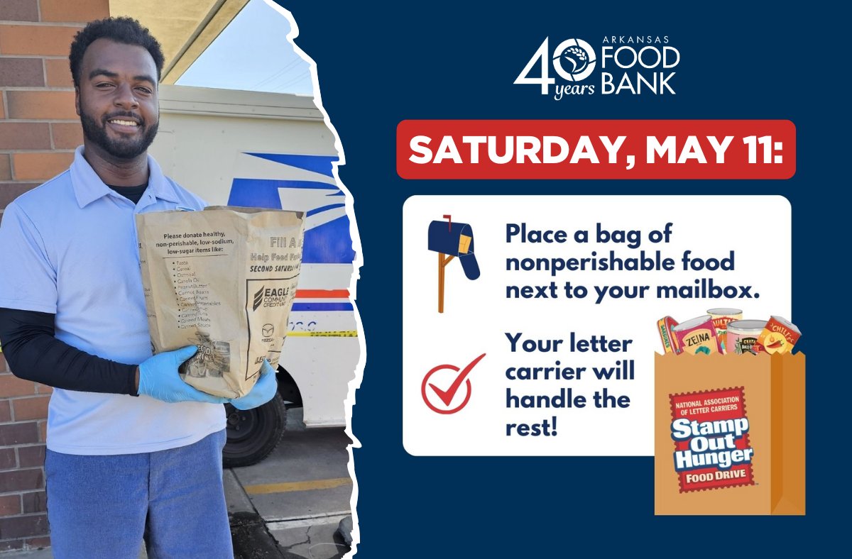 📬 Tomorrow May 11: Join us and the @NALC_National for the @StampOutHunger Food Drive! 🥫 Leave your bag of nonperishable food next to your mailbox on Saturday morning, and your letter carrier will take care of the rest. Help us fight hunger and spread hope this weekend! 💌✨