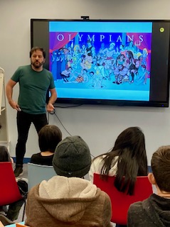 Here are pictures from author George O'Connor's visit at #LaFargeLibrary, where he presented to seventh graders from #MilagroMiddleSchool about his own '#OriginStory.' O'Connor's #Olympians series is our Big Read selection for this age group. He also provided a live drawing demo!