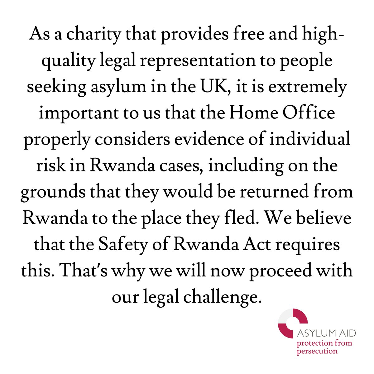 🚨BREAKING: In a win for us, Home Office has agreed to amend parts of its Safety of Rwanda guidance, as a result of our legal action. BUT they have disagreed with our other challenge to the policy, so we are going to court. 1/2 Read more here: asylumaid.org.uk/node/157