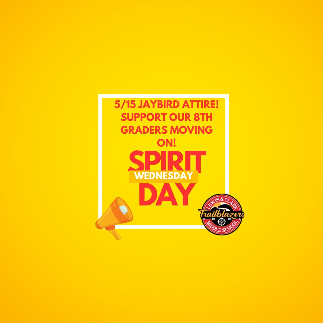 On Wednesday, May 15th, our spirit day is to wear Jaybrid attire to celebrate our 8th graders being promoted to JCHS! ❤️🖤