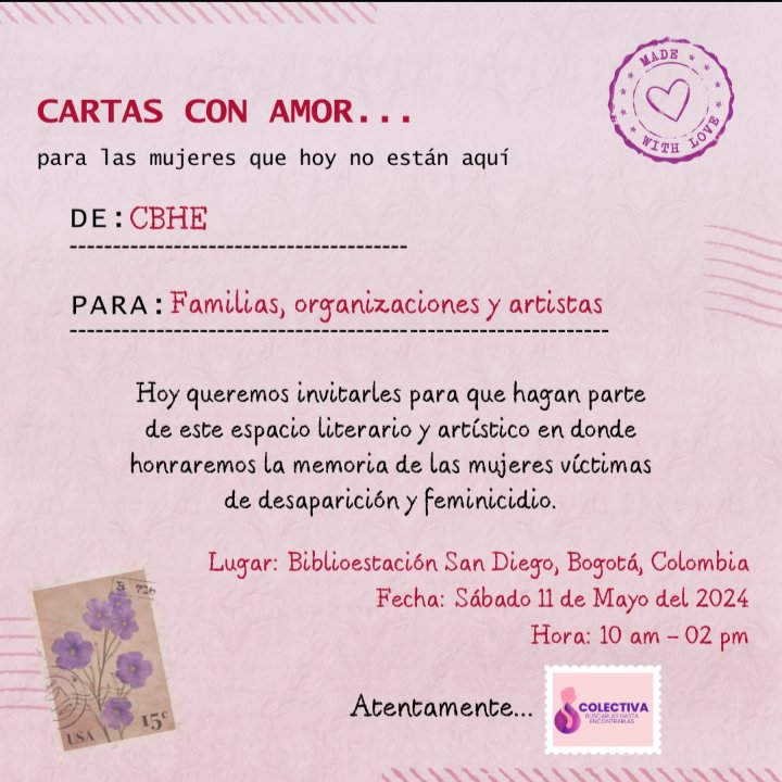 💌 CARTAS CON AMOR 💜
📍Les esperamos el sábado 11 de mayo a las 10:00 am en la Biblioestación San Diego ubicada dentro de la estación San Diego por la carrera 10.