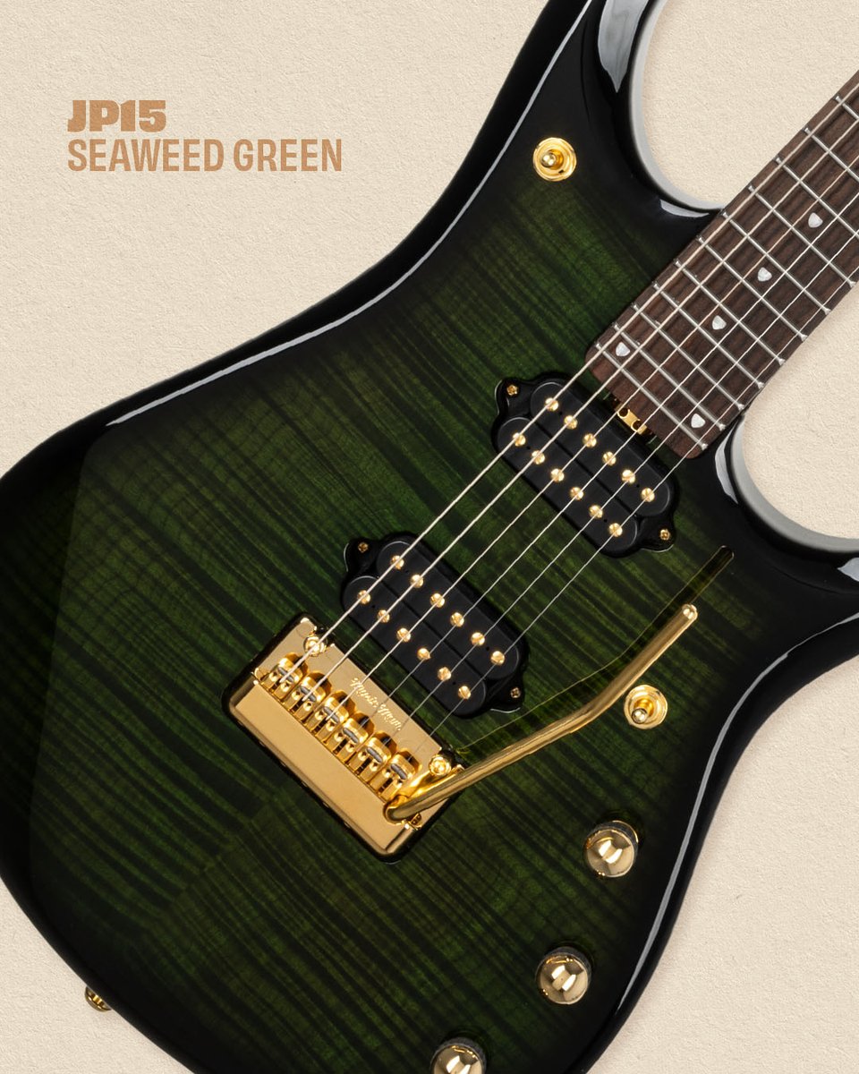 The Music Man Vault exclusive JP15 boasts a lightweight Okoume body, Birdseye Maple neck, seaweed green finish, and DiMarzio Dreamcatcher/Rainmaker pickups with a 20db gain boost.. bit.ly/44z4xPT