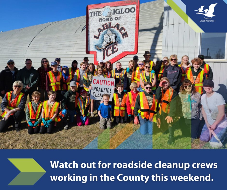 We’ll have Roadside Cleanups at various times and locations in the #CountyofGP tomorrow. When you see the community, groups slow down and use caution to ensure their safety. See the listing of specific locations, interactive map and more information at countygp.ab.ca/roadsidecleanup.