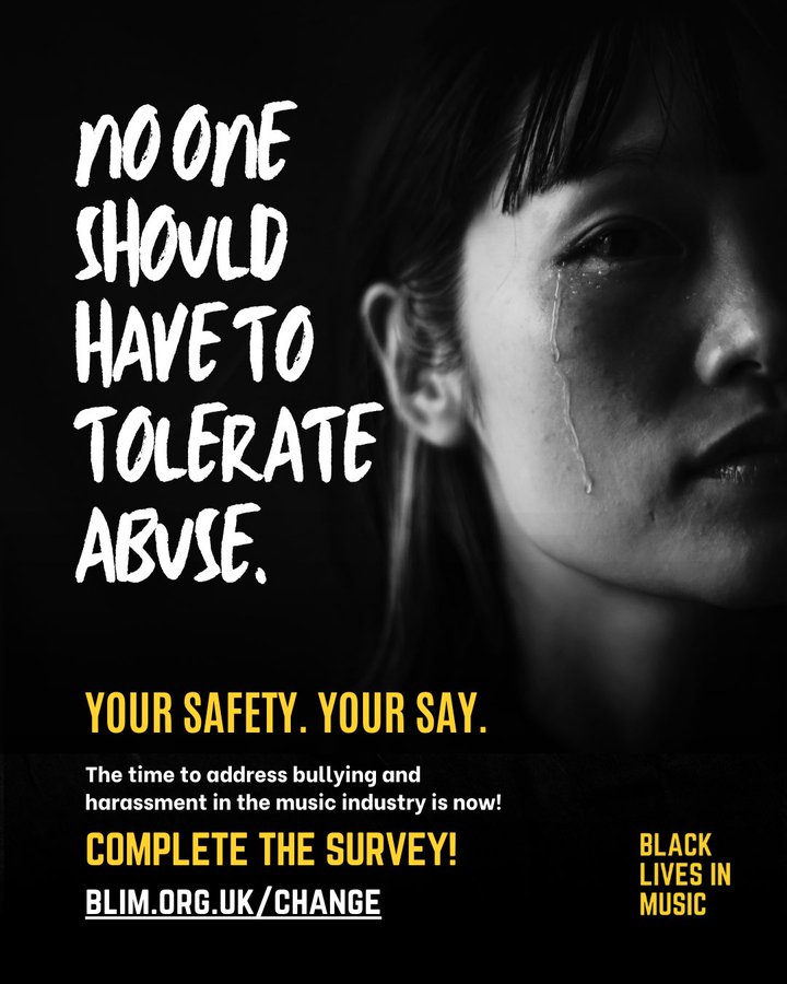 Have you completed @BLKLivesinMusic's #YourSafetyYourSay survey yet? We must act now to eradicate bullying and harassment from the music sector. Your contribution can help make music a safer place for all 👇 blim.org.uk/change
