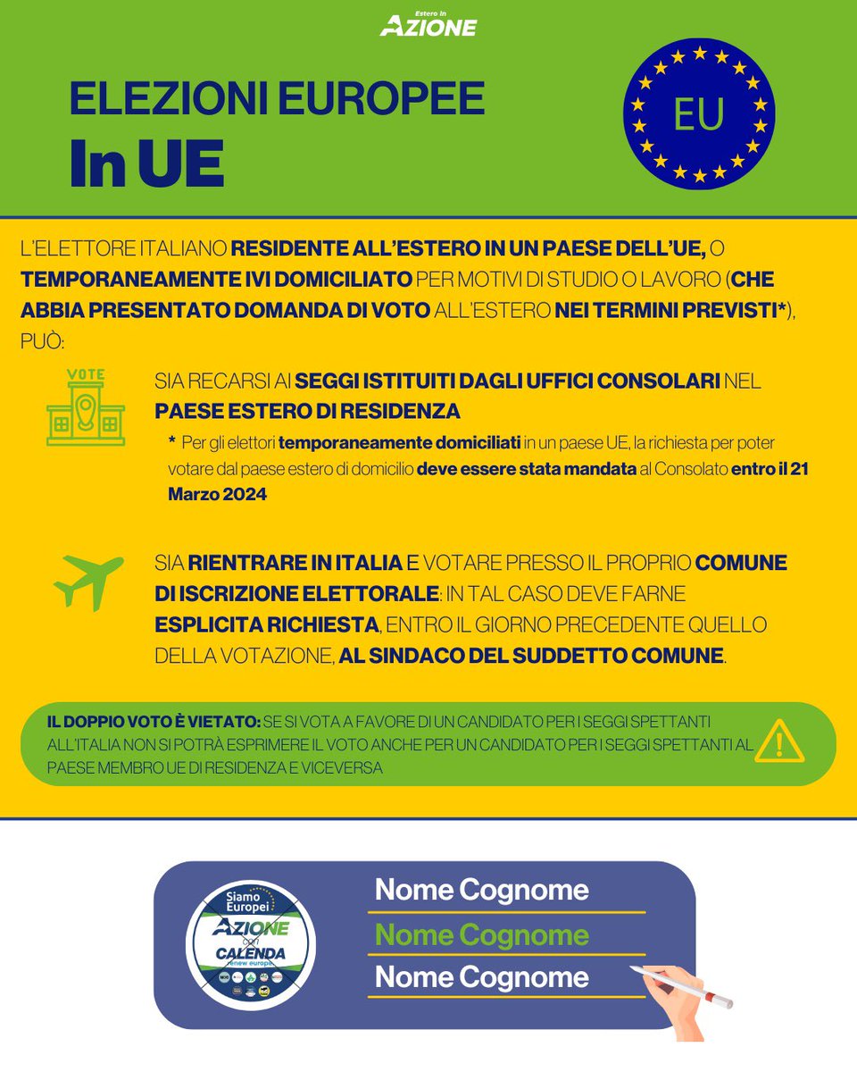EsteroinA's tweet image. Carissimi italiani all’estero,

Per chi avesse domande riguardo al processo di voto per le prossime elezioni europee di giugno, noi di Estero in Azione abbiamo preparato delle grafiche informative appositamente per voi. Nei commenti 👇🏼 un breve riassunto su dove potete votare. 🗳️