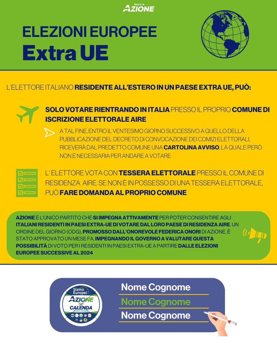 EsteroinA's tweet image. Carissimi italiani all’estero,

Per chi avesse domande riguardo al processo di voto per le prossime elezioni europee di giugno, noi di Estero in Azione abbiamo preparato delle grafiche informative appositamente per voi. Nei commenti 👇🏼 un breve riassunto su dove potete votare. 🗳️