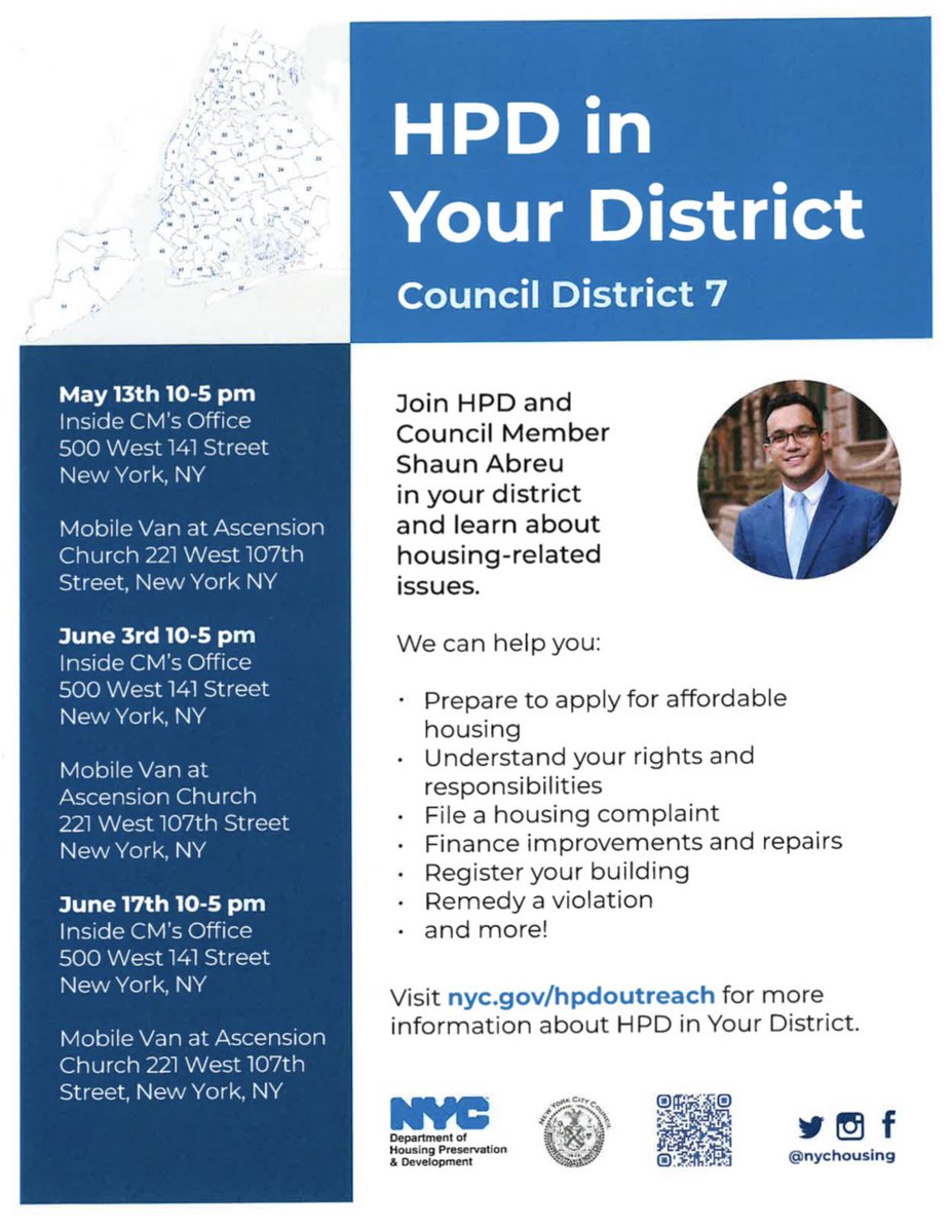 HPD is coming to Upper Manhattan! @NYCHousing is critical to our inter-agency effort to protect tenants, maintain affordability, & enforce building safety. They are setting up shop at our district office and Ascension Church this Monday, May 13, to address your housing needs.