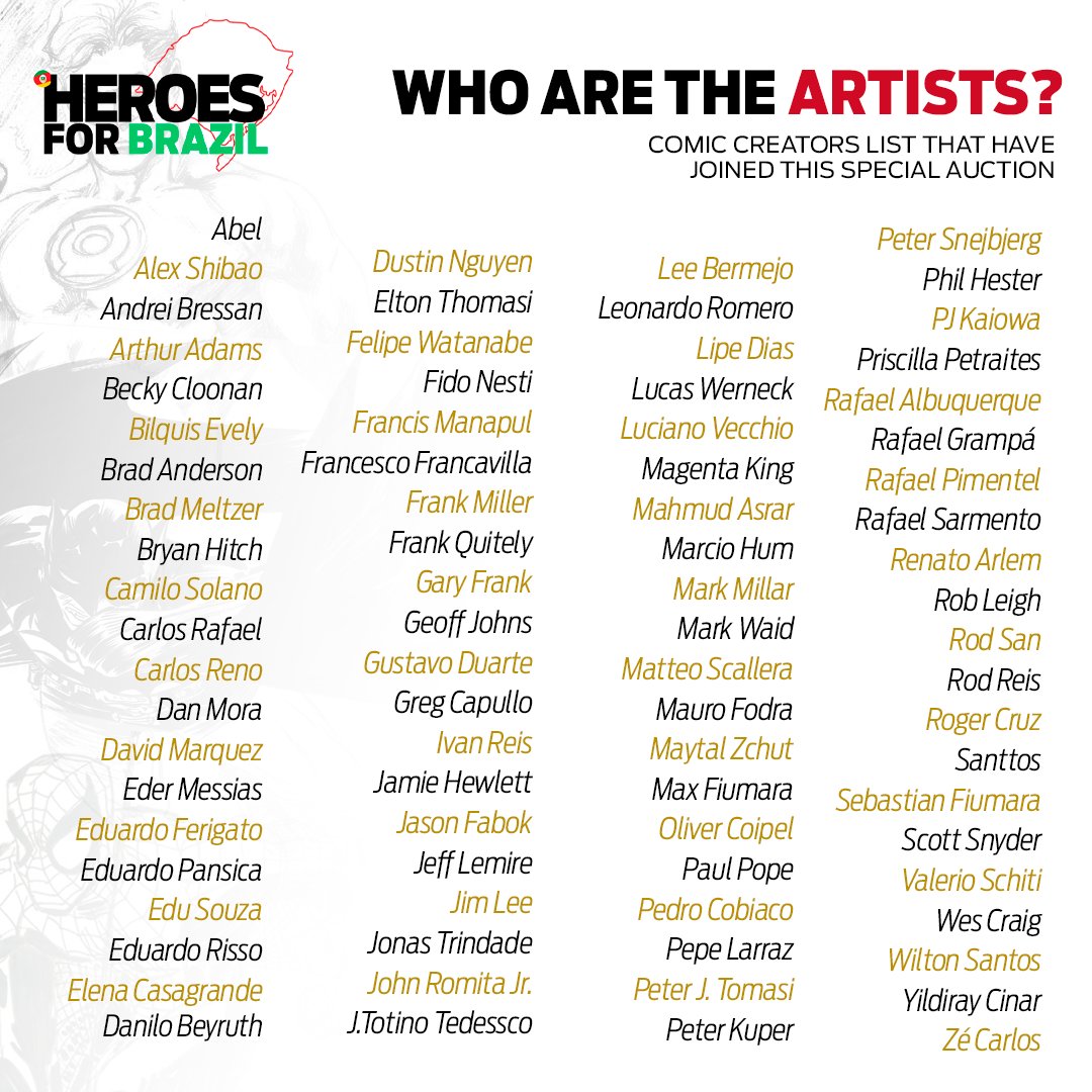 The special fundraiser with legendary comic book creators, in aid of Rio Grande do Sul - Brazil, will take place on this profile from Saturday, May 11th, 10 AM EST to Sunday, May 12th, 10 PM EST. Below, you'll find the complete list of comic book creators who have joined this
