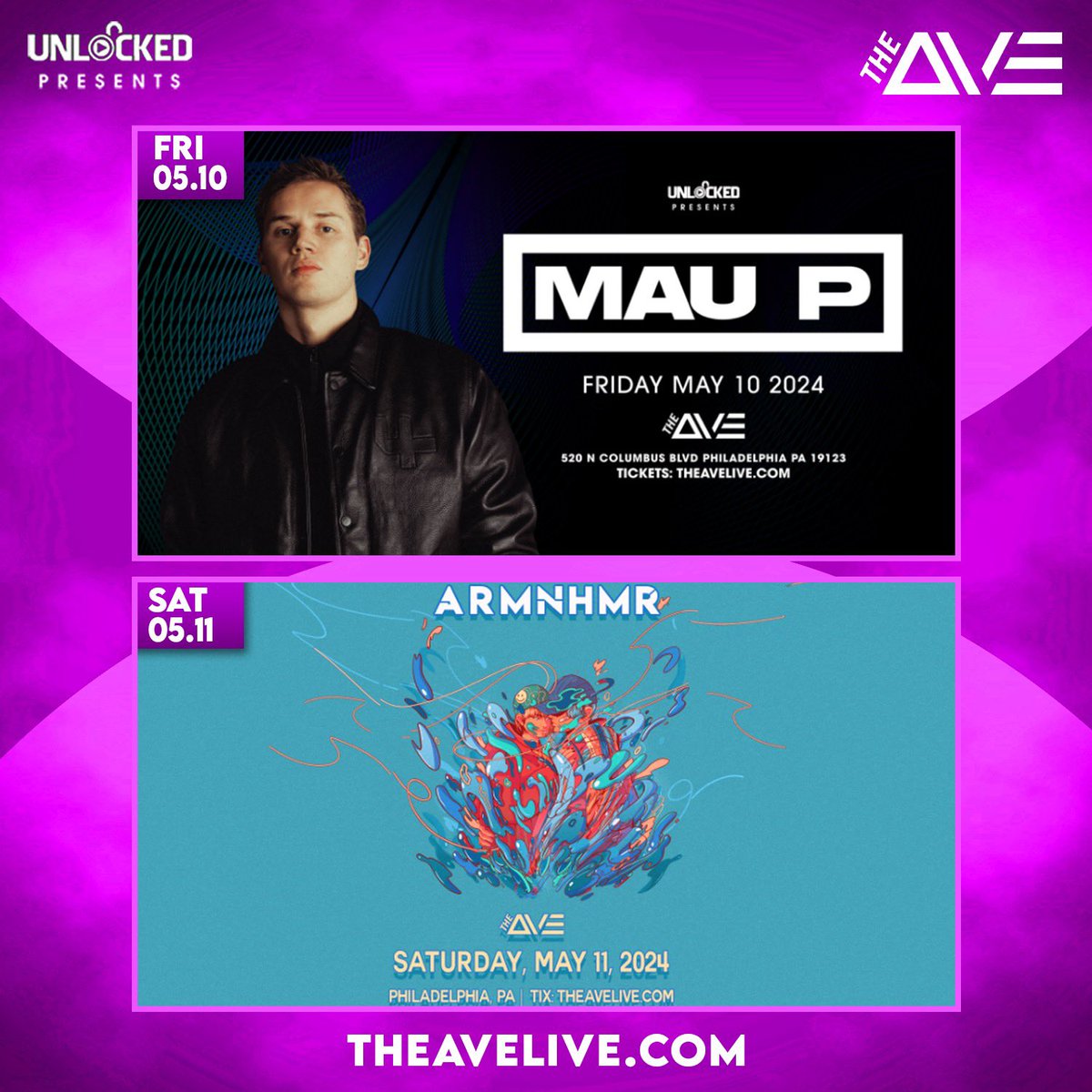 Weekend Lineup 🔥 TONIGHT Mau P is taking over #TheAve with support from Garvin and Silvertone, and this SATURDAY ARMNHMR will be joining us with support from Special Guest Cyclops, plus support from Swole Sauce and Blankages- Remaining Tickets at TheAveLive.com
