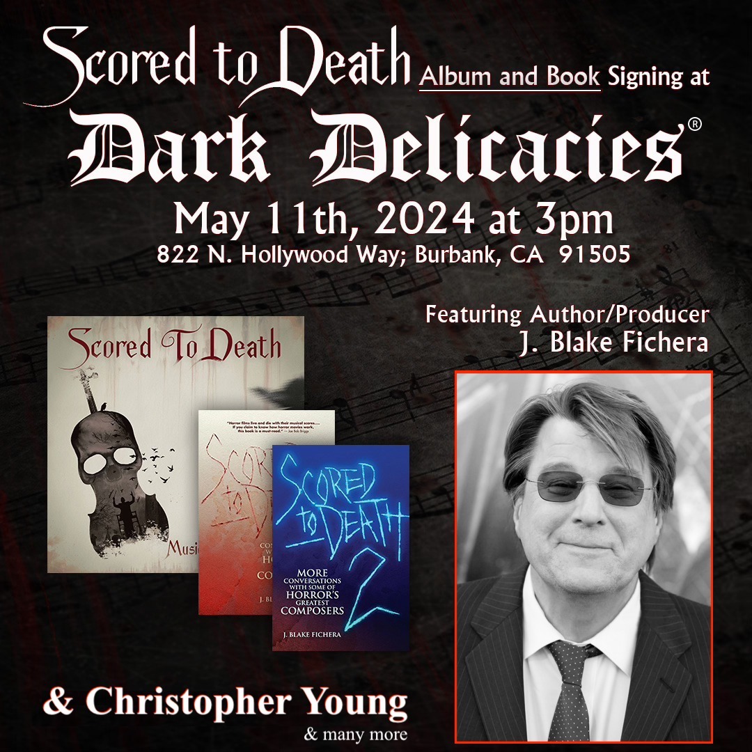 Happening tomorrow Sat. May 11th @3pm at @DarkDel, the Scored to Death book & vinyl signing! The author J. Blake Fichera & our 6x BMI award-winning client @ImChrisYoung & many more will be on hand signing & meeting fans! #christopheryoung #horror #music darkdel.com