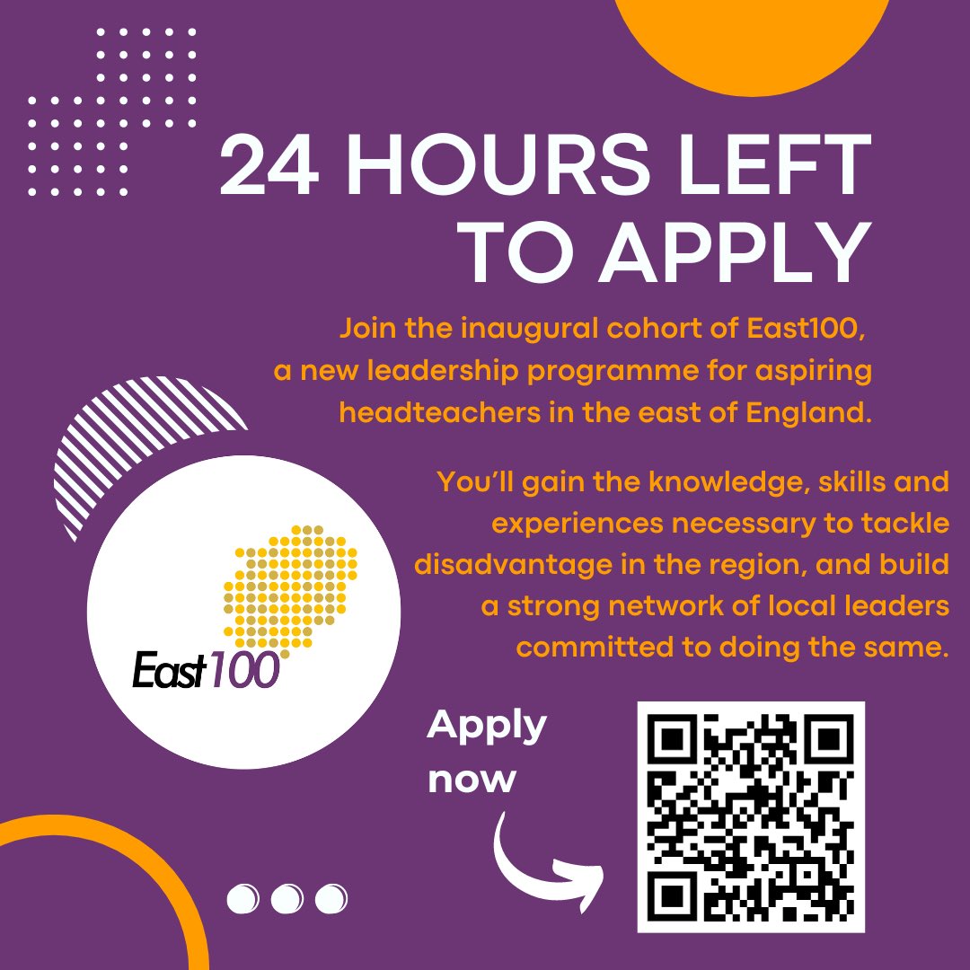 I am SO excited about the @LeadE100 programme and spending a year with incredible leaders in the east of England as they build a network to eradicate educational disadvantage. Want to be a head in the next few years? Want a team to do it alongside? We want you! Please RT