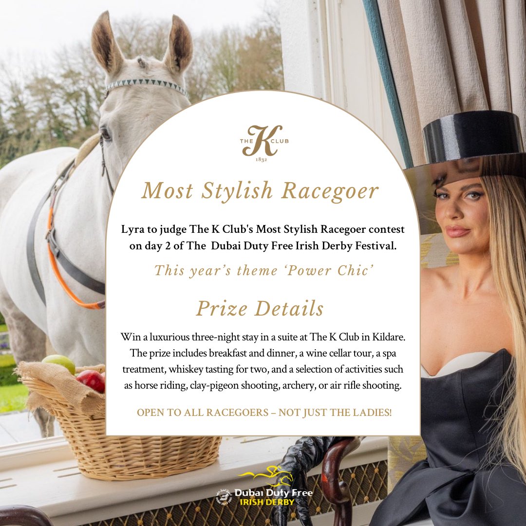 BIG NEWS 🗞️ Cork singing sensation and style queen @thisislyra has been revealed as the star judge for @thekclub Most Stylish Racegoer contest on day two of This year’s @DubaiDutyFree Irish Derby Festival. ✨👏👗 Press release & prize details ➡️ shorturl.at/foFQV
