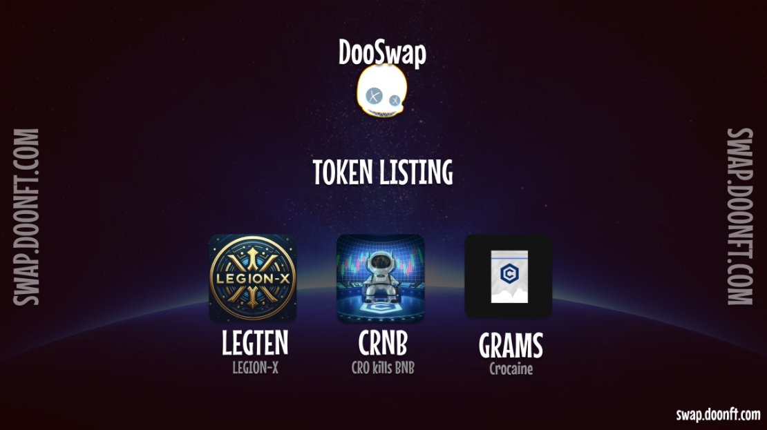 TheDooNFT's tweet photo. 🚀TOKEN LISTING 🚀

$LEGTEN - Legion-X - @LegionX_meme
$CRNB - Cro Kills BNB - N/A
$GRAMS - Crocaine - @CroCaine_

Trade on https://t.co/eWONsts4SV

Want your token listed? Apply Now 👇
https://t.co/2MSha0ntgC

Remember DYOR.
#crofam #cronos https://t.co/ediSaXsSA8