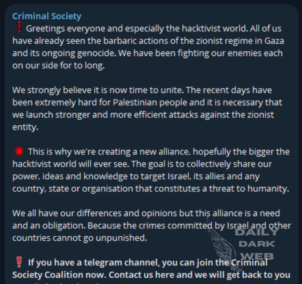 Criminal Society Emerges: New Alliance Targets Israel and Allies in Retaliation for Gaza Conflict dailydarkweb.net/criminal-socie… #DarkWeb #Israel #Palestine #alliance