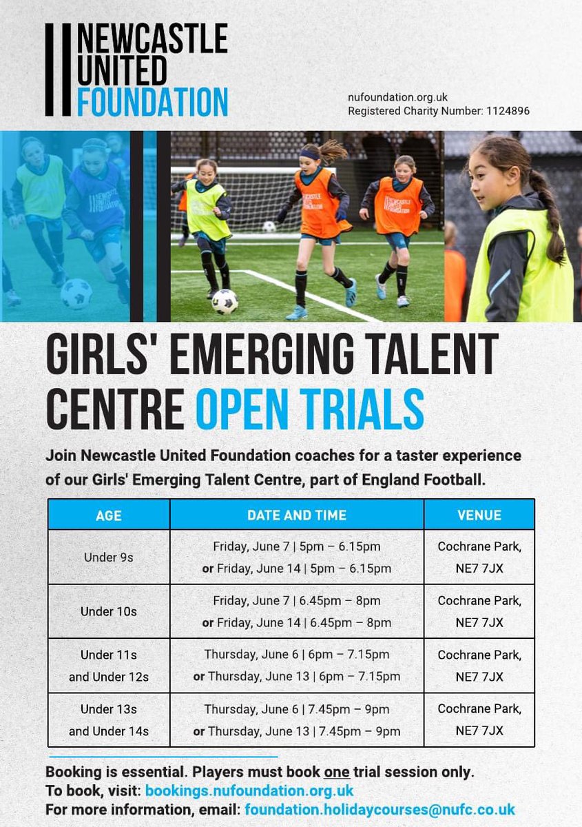 📢 Register now for <a href="/NUFCWomen/">Newcastle United Women</a> Girls' Open Trials with <a href="/NU_Foundation/">Newcastle United Foundation</a> 

𝗕𝗼𝗼𝗸 𝗻𝗼𝘄 👉 bookings.nufoundation.org.uk/project/54886