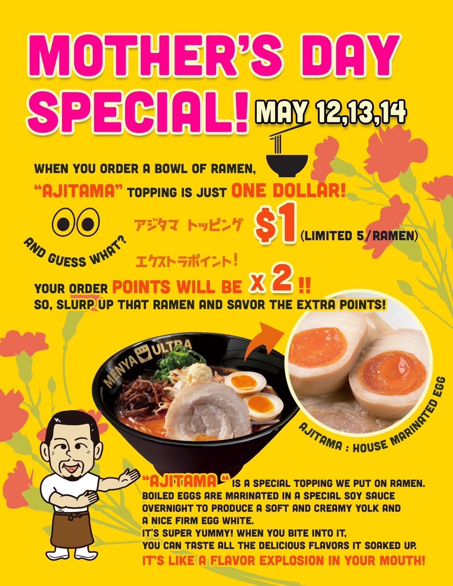 MenyaUltra's tweet image. Mother’s day special! Sun, Mon, Tue !!! $1 egg topping🍜Double points !!
📍Clairemont 11-2pm / 5-9pm
📍UTC La Jolla 11-8pm (Fri,Sat until 8:30pm)
📍Mira Mesa closed for a remodeling.
🍜order.menya-ultra.com
#sandiego #tonkotsu #ramennoodles  #menyaultra #sd