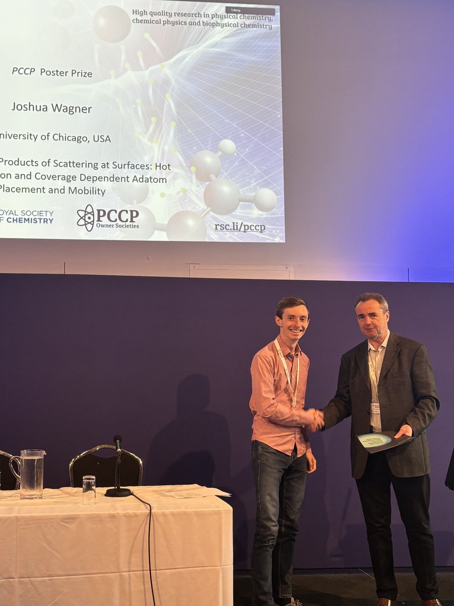 Congratulations to Joshua Wagner of the <a href="/SibenerGroup/">Sibener Group</a> for winning the <a href="/PCCP/">PCCP</a> Poster Prize at the <a href="/Faraday_D/">Faraday Discussions</a> New Directions in Molecular Scattering. <a href="/RoySocChem/">Royal Society of Chemistry</a>