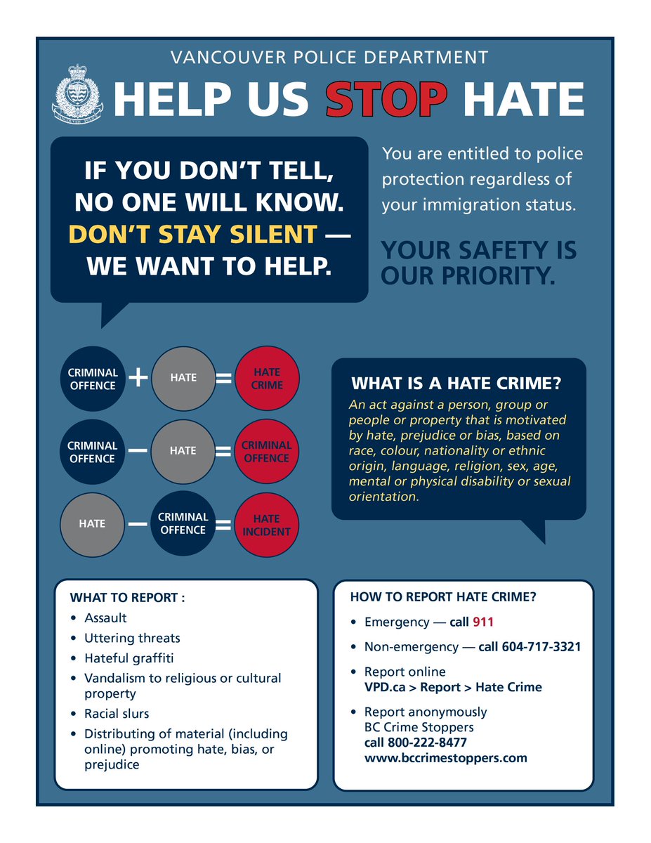Help us STOP hate! Learn the difference between a hate crime and a hate incident, and how to report them. #VPD #StopHate @VancouverPD
