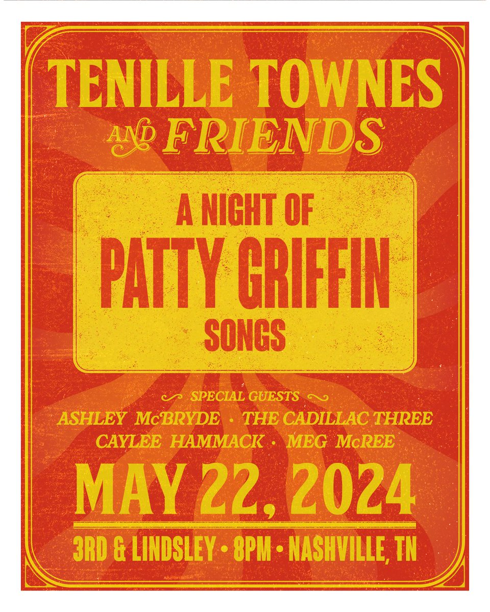 🚨 LOW TICKET ALERT 🚨 @tenilletownes & FRIENDS - A Night of Patty Griffin Songs feat. @AshleyMcBryde, @thecadillac3, @Cayleehammack & @MegMcRee on May 23rd! Get your tickets here -> bit.ly/3J2qtJk