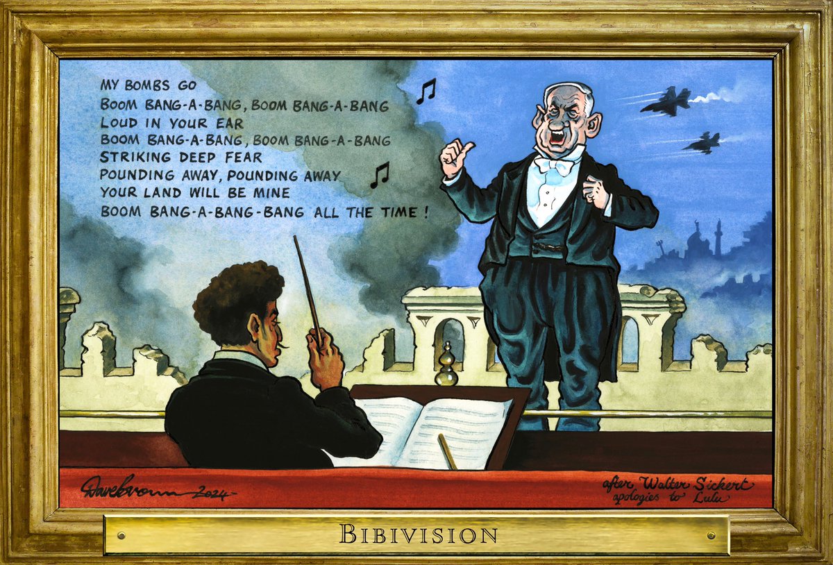 Dave Brown's #RoguesGallery cartoon, after #WalterSickert (with apologies to Lulu, Moorhouse & Warne) #Netanyahu #Eurovision #IsraelGazaWar – political cartoon gallery in London original-political-cartoon.com