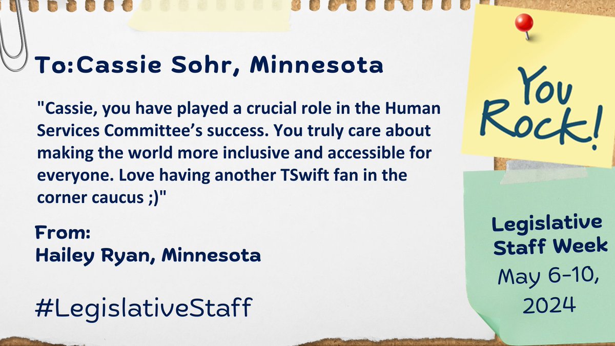 As part of NCSL's #LegislativeStaff Week, we are selecting a few 'shoutouts' to spotlight each day. Here's a shoutout for Cassie Sohr in the Minnesota Legislature! Have someone in mind for a 'shoutout'? Today is the last day to submit yours ➡️ bit.ly/3wf0r2K #MNleg