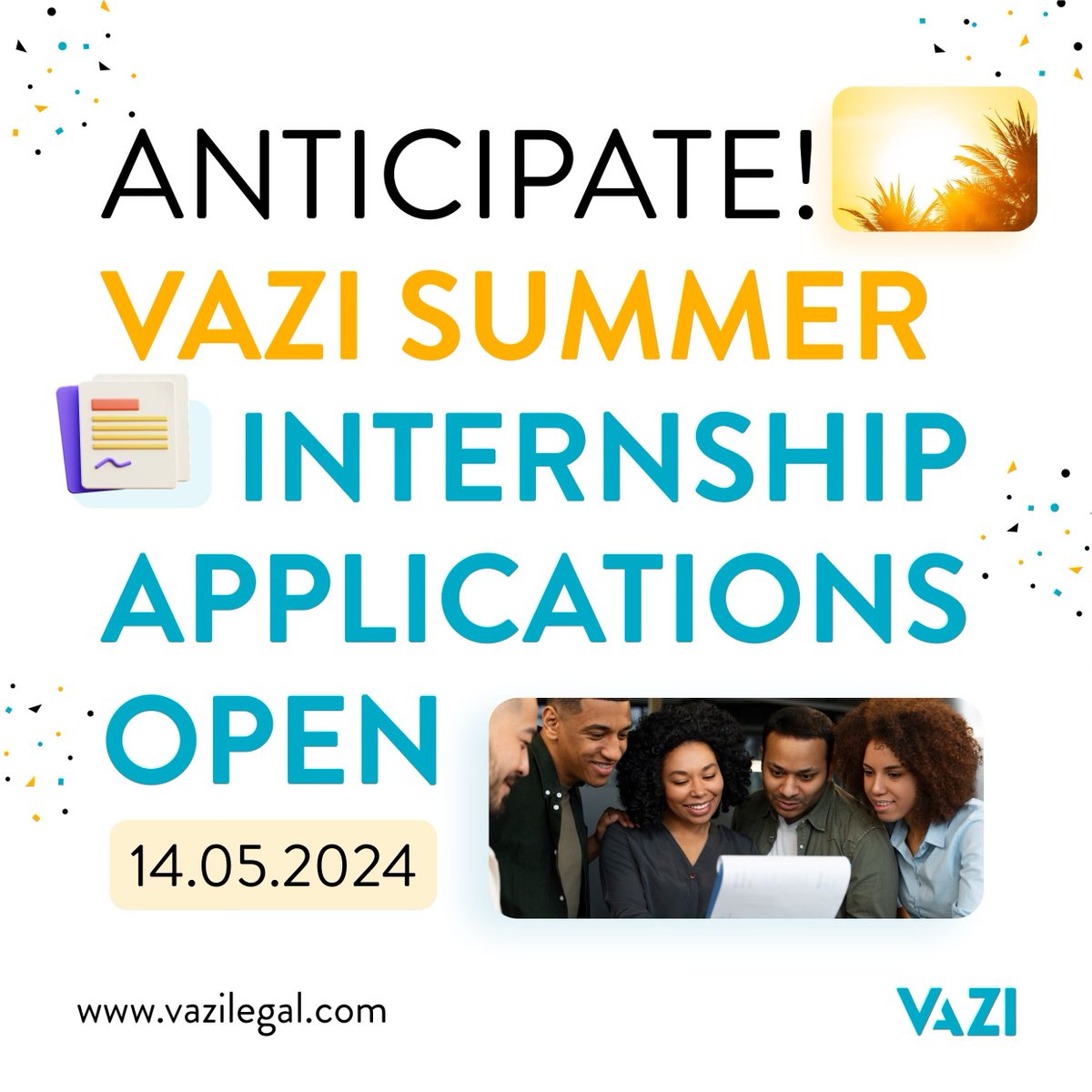 🌞 Get ready for the internship of a lifetime! Applications for our summer internship at Vazi open in just 3 days. Don't miss out on this incredible opportunity to kickstart your career journey! Keep your eyes and ears open! #VaziInternship #TechLaw #SummerInternship