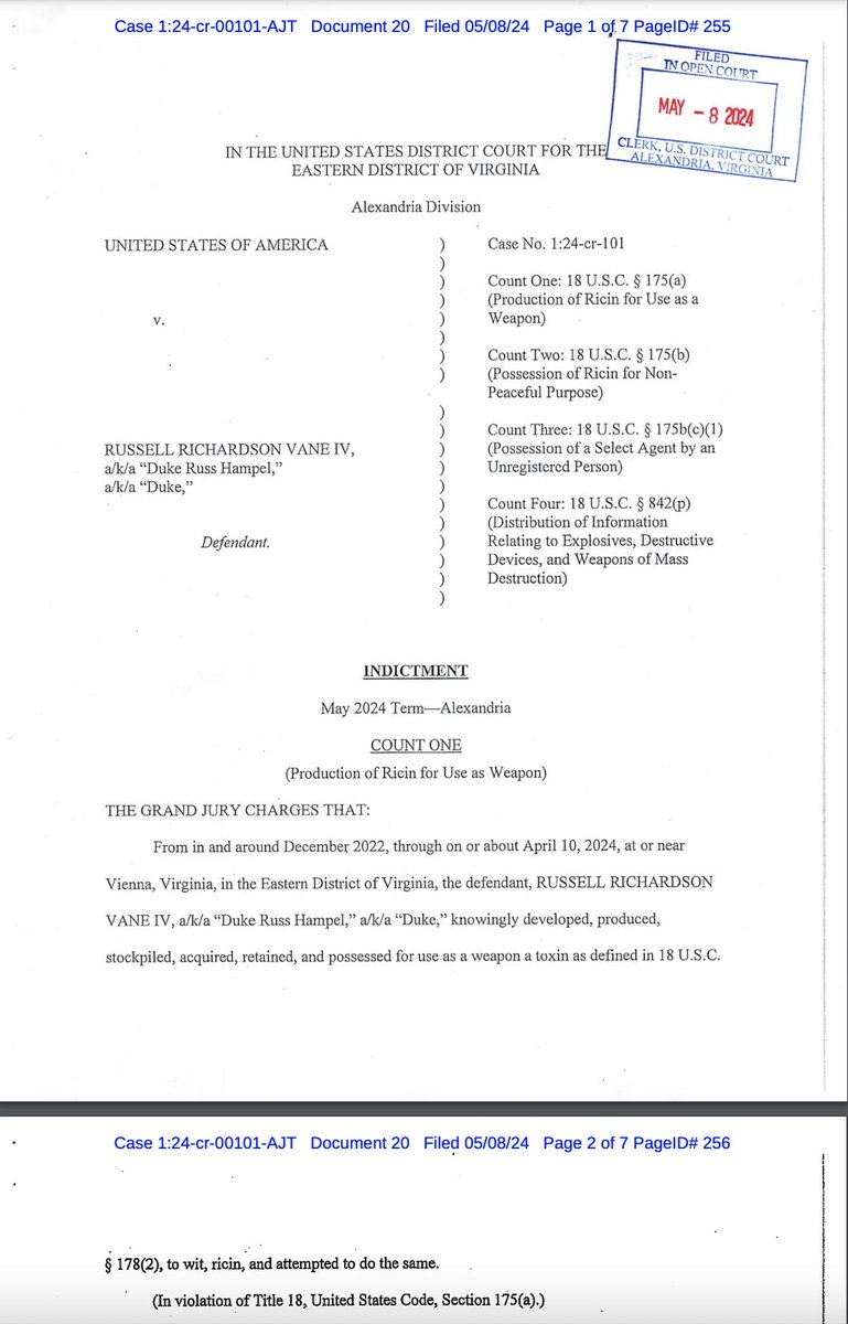 NEW: Russell Richardson 'Duke' Vane IV, who provided militia members with unsolicited bomb-making documents printed from 'his work computer' at a 'secure government facility' and the subject of my reporting, has been charged in a new, four-felony indictment.