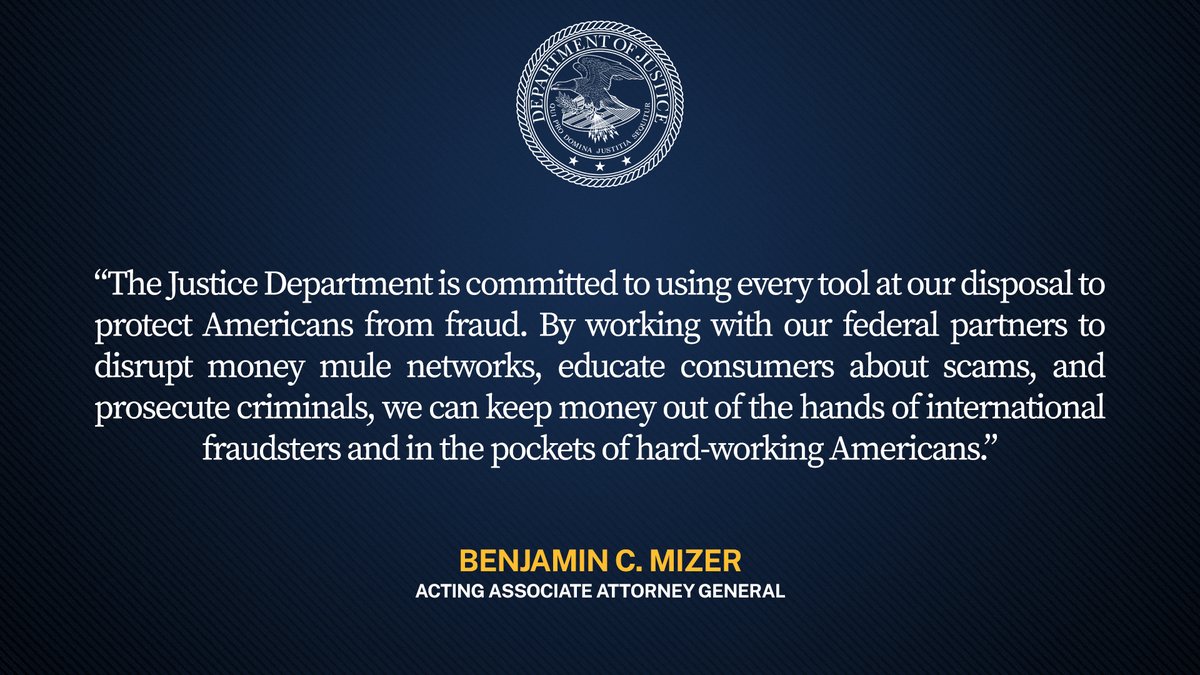 U.S. Law Enforcement Takes Action Against More Than 3,000 Money Mules in Initiative to Disrupt Transnational Fraud Schemes 🔗: justice.gov/opa/pr/us-law-…
