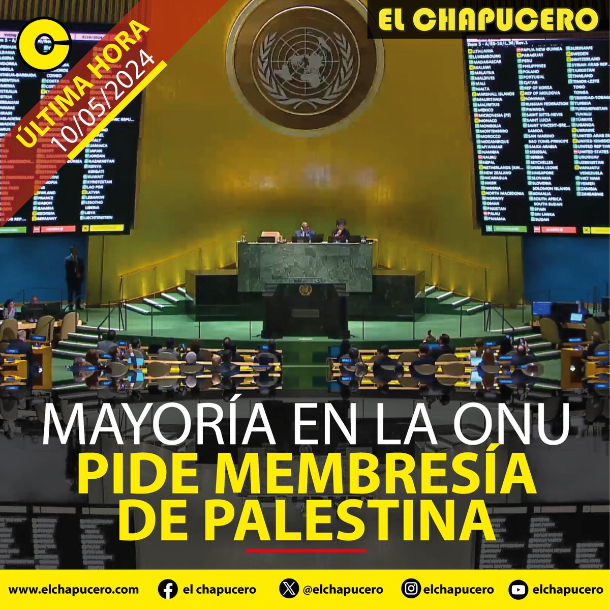 #ÚLTIMAHORA | La gran mayoría del mundo votó a favor de una resolución de la Asamblea General de la ONU que recomienda que Palestina se convierta en estado miembro de pleno derecho. Sólo nueve se opusieron: Estados Unidos, Israel, Hungría, Chequia, Argentina, Papúa Nueva Guinea y