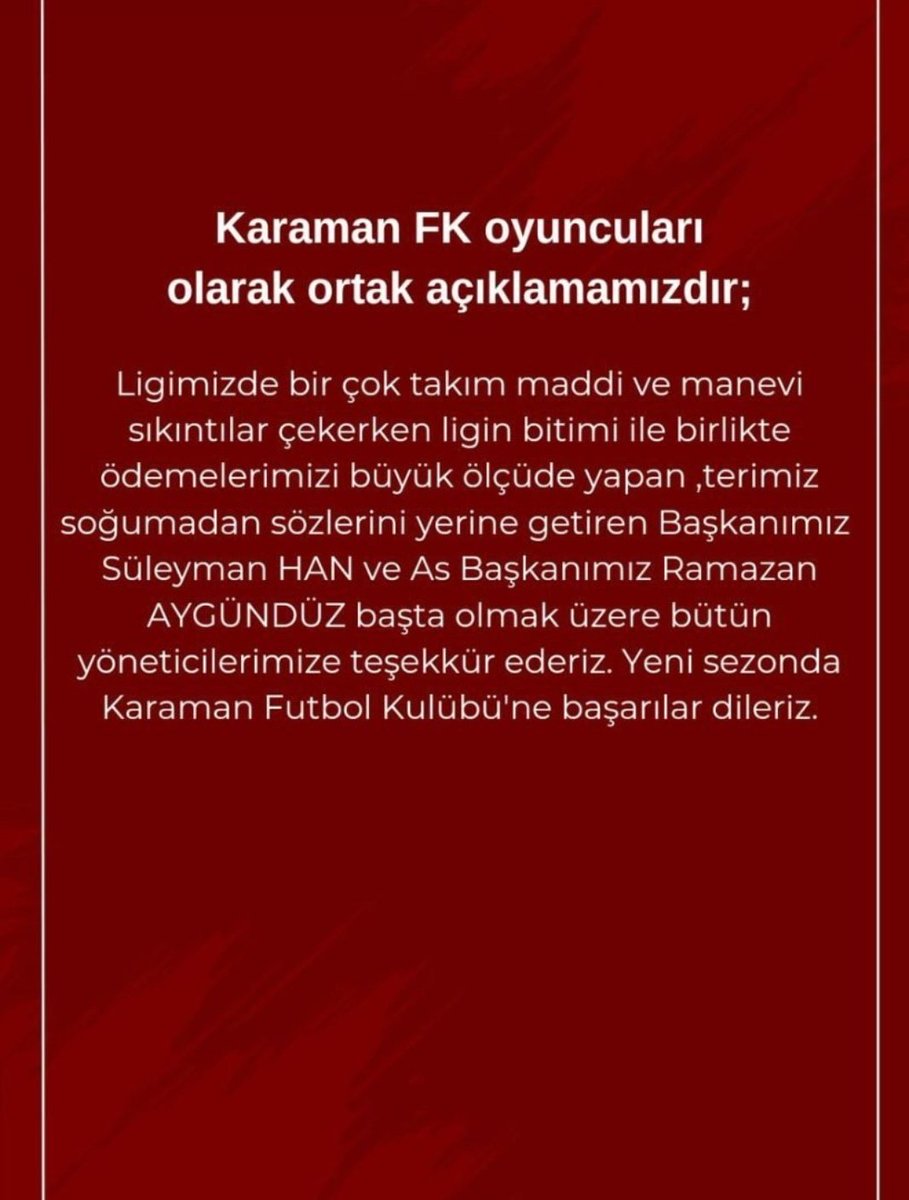 Nisan - Mayıs ayları genelde futbolcuların alacaklarını alamadığı için paylaşım yaptığı aylar olsa da, Karaman FK oyuncularından ilginç bir açıklama geldi. Karaman FK futbolcuları ödemelerin düzenli yapıldığı için Karaman FK yönetimine teşekkür etti. 👏👏👏
