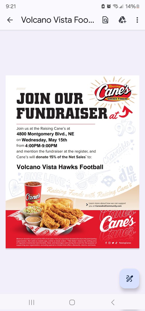 Hawk Nation! Set your calendars. 5/15. Cane's is hosting fundraiser for VVHS football. See place, time & location on flyer. Let's go Hawks 🏈 🖤 🤍 #Gata