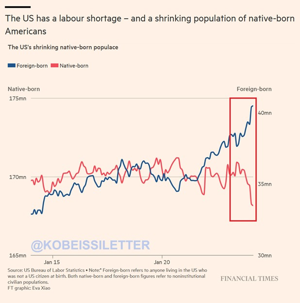 The US is heading into a labor crisis: The US native-born civilian population has dropped from 170.8 million in July 2023 to 168.2 million in March 2024. That is a 2.6 million decrease in just 8 months. At the same time, the foreign-born population has risen by 2.7 million,…