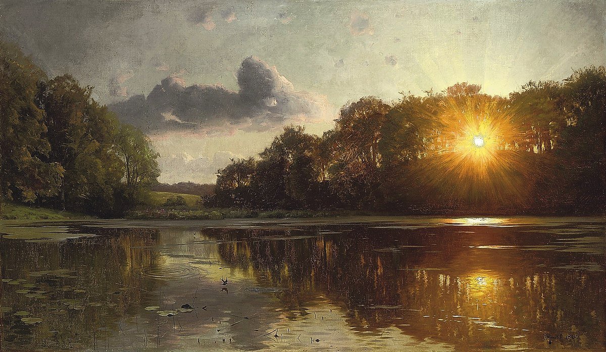 #HistoryofPainting Peder Mørk Mønsted (10 December 1859 – 20 June 1941) was a Danish realist painter. #TheFreeExhibition 'Sunset over a forest lake.', 1895 Source/Photographer Christie's