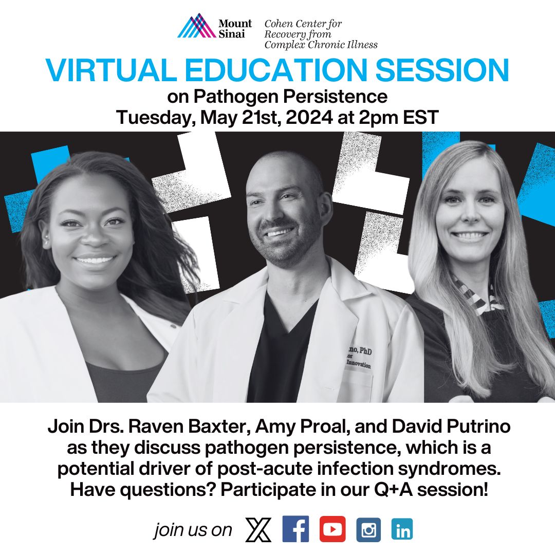 Understanding the potential roots and drivers of chronic illnesses plays an important role in advancing our treatment and knowledge of post-acute infection syndromes. Join us on 5/21 for a live virtual education session about persistent pathogens. Links to tune in, in the thread.