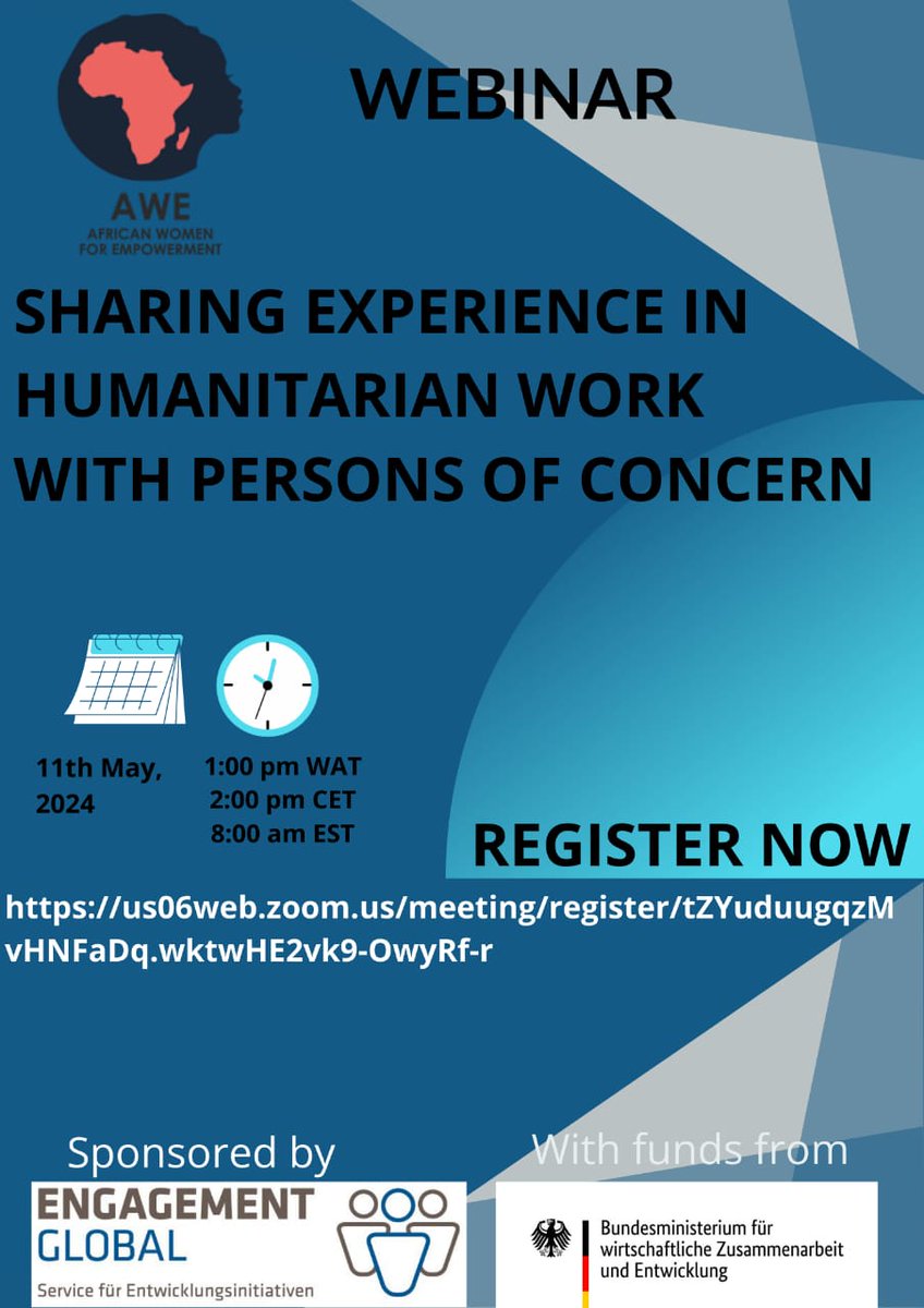 awe_ev's tweet image. Webinar!! Webinar!
Sharing Experiences in Humanitarian Work with Persons of Concern
You are invited to a Zoom meeting. 
Tomorrow May 11, 2024 14:00 Rome / 1PM WAT

Register at:
us06web.zoom.us/meeting/regist… 
#HumanitarianWorkers
#Helpers
#PersonsofConcern