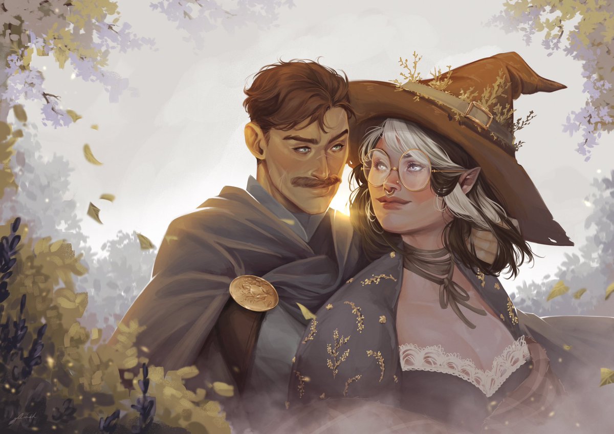 a piece I had commissioned for us by @golightlyfinch. A witch and her paladin 💜