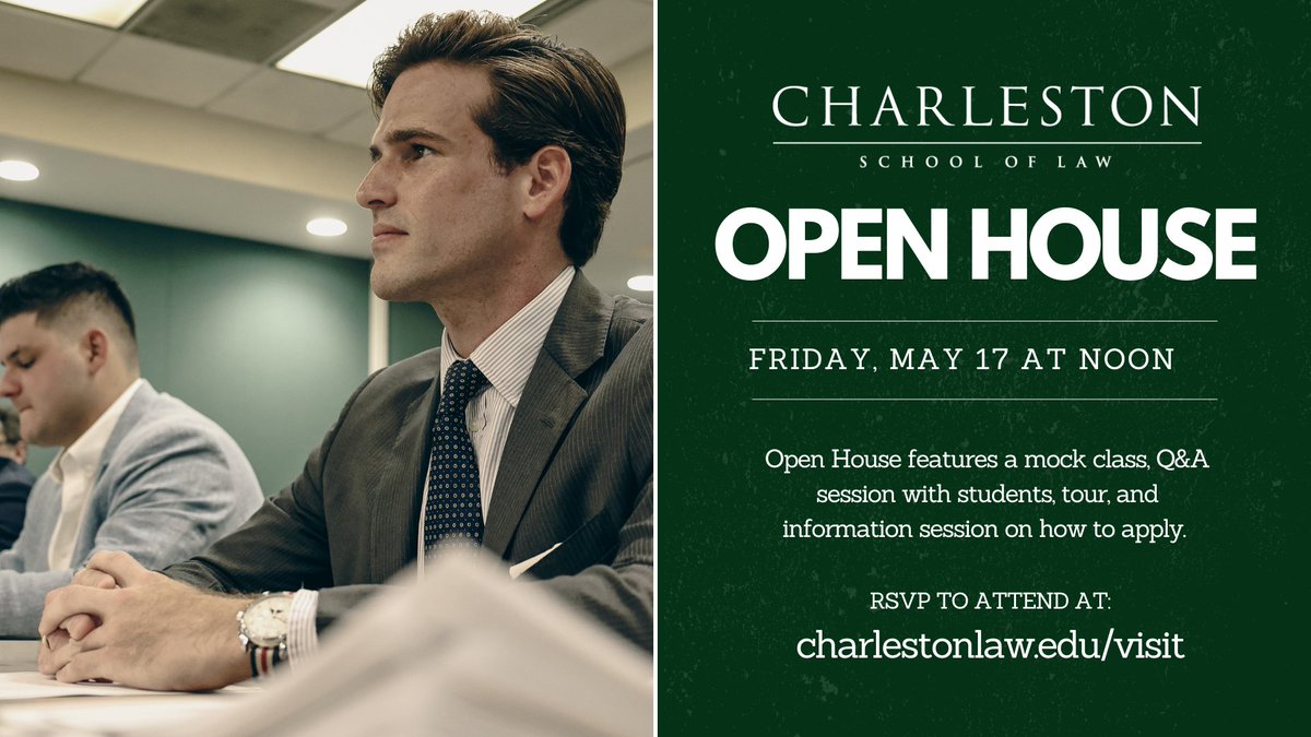 @Charleston_Law will host our next Open House on Friday, May 17. Come explore our programs, attend a mock class, Q&A students, take a campus tour, and attend a info. session on how to apply. RSVP here: charlestonlaw.edu/visit/