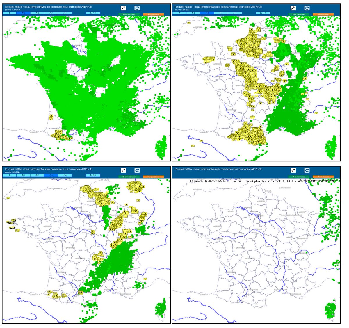 Prévisions risques  &  beau temps (vert) #meteolab, par commune par le modèle ARPEGE de samedi à mardi.
#orages du samedi soir & dimanche AP
meteolab.fr/modele/carte_m…