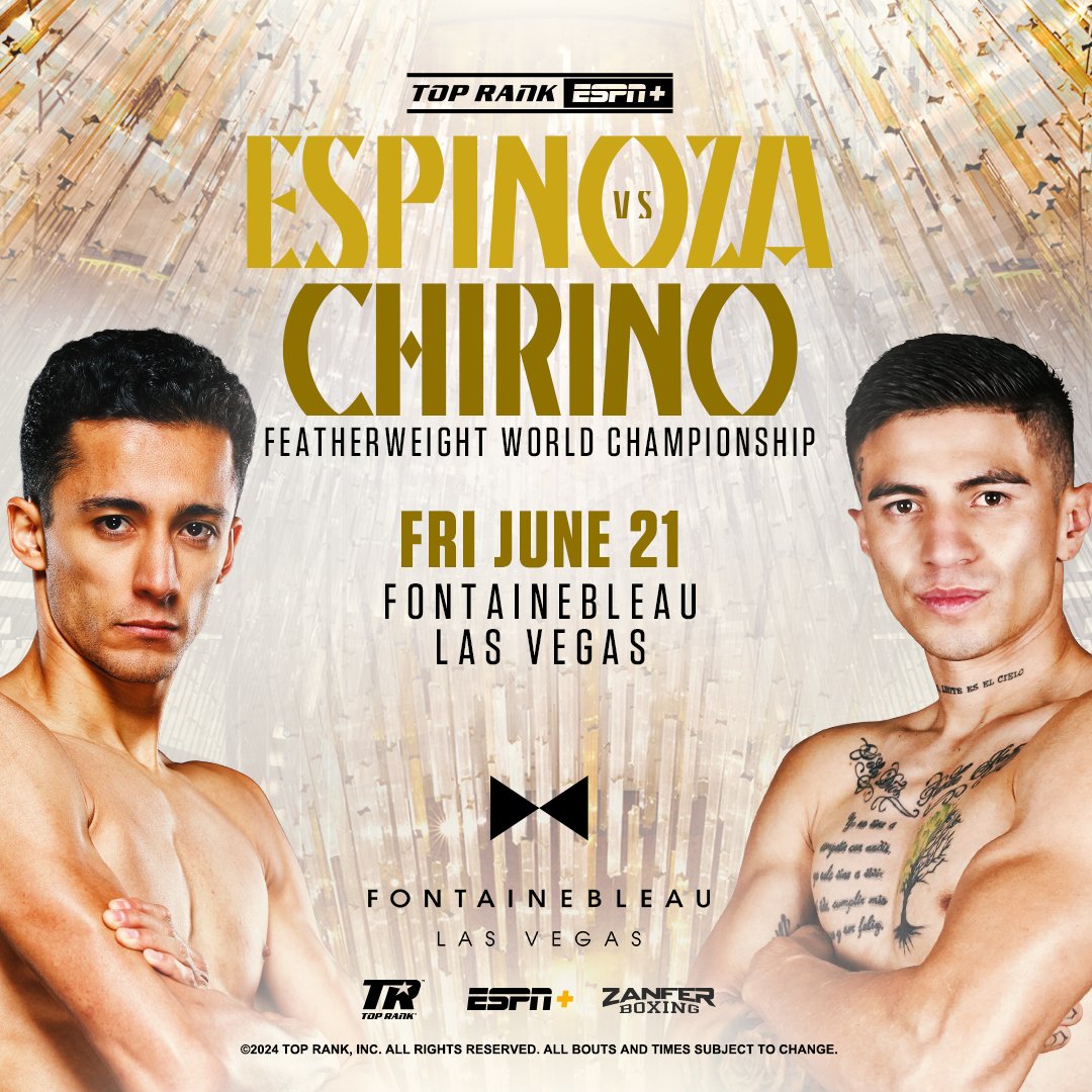 We're teaming up with Top Rank Boxing to host the WBO World Featherweight title bout on June 21, 2024. Watch Rafael “Divino” Espinoza defends his title against Sergio Chirino inside BleauLive Theater. Tickets on sale Tues, May 14 at 12PM PT. fontainebleaulasvegas.com/entertainment/…