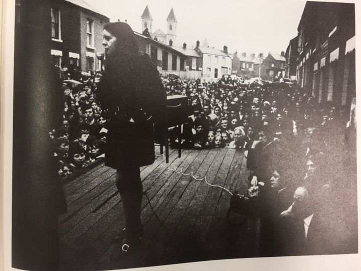 Bernadette Devlin addresses the crowd on Butler Street, Old Ardoyne, 1971. Probably after the British introduced internment without trial.